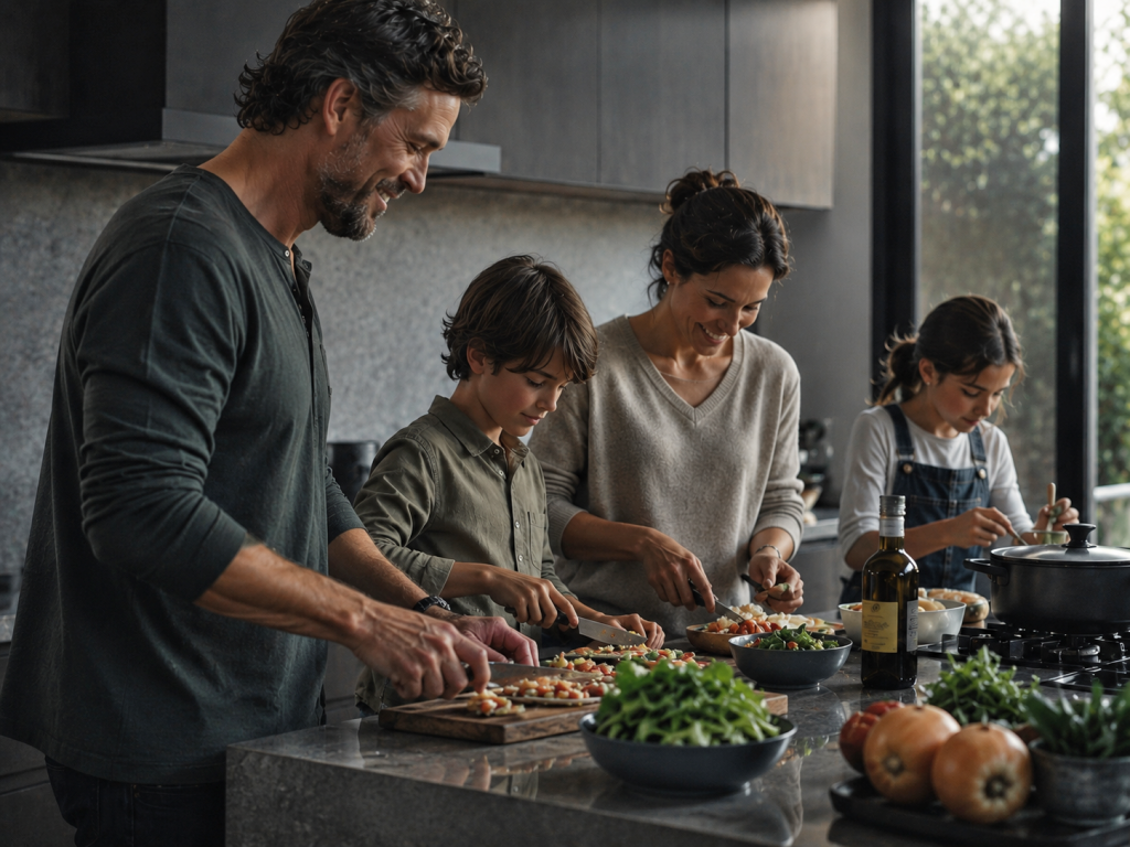 Vierköpfige Familie kocht gemeinsam an Kochinsel